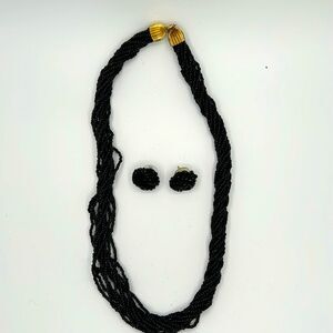 VIntage black glass seed bead necklace and coordinating earring set - 1980s